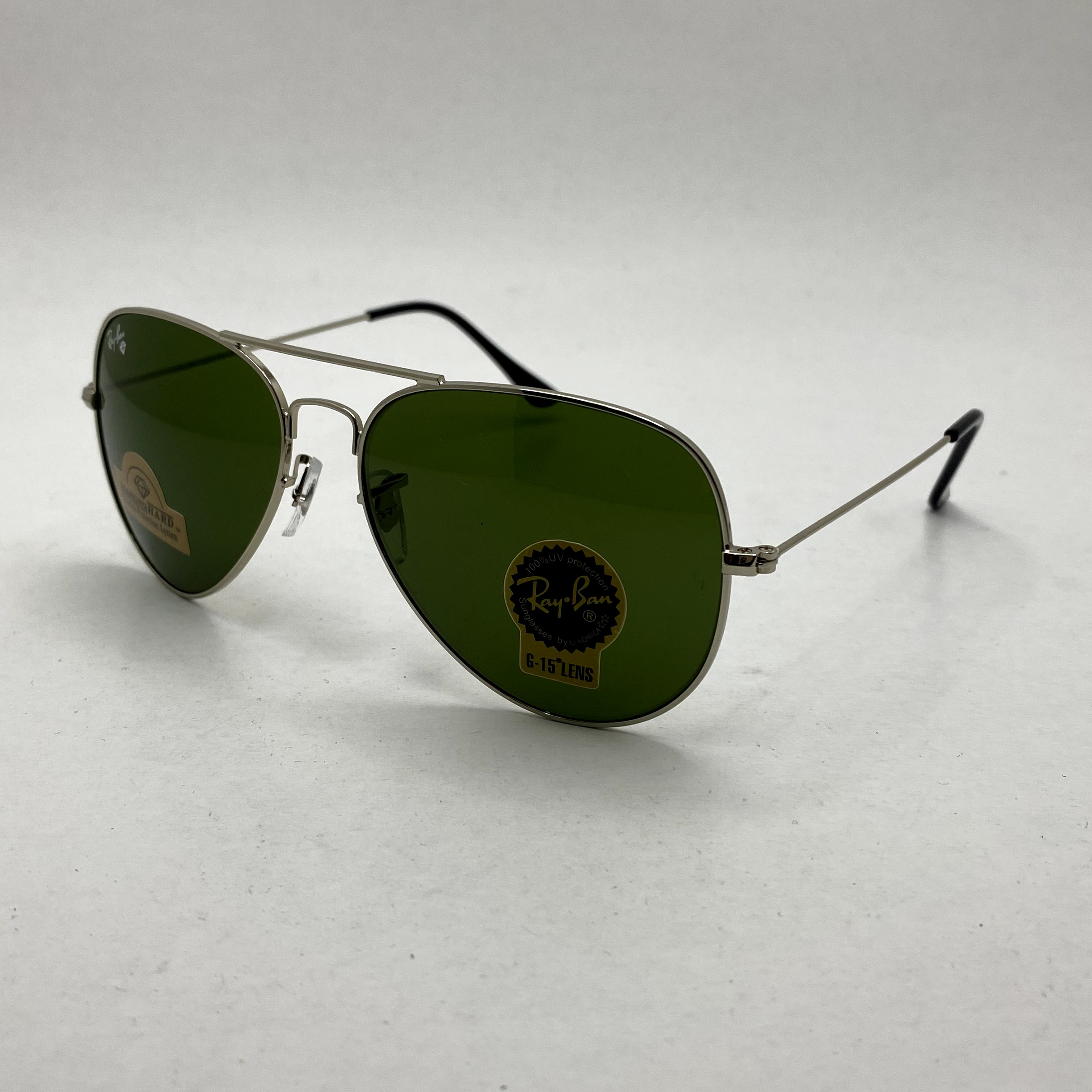 عینک آفتابی خلبانی AVIATOR ریبن rayban شیشه سنگ نقره ای سبز سایز 3026 فول پک