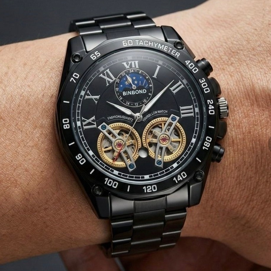 ساعت مچی مردانه binbond اورجینال رنگ ثابت و ضد اب طرح سه موتور بینباند مشکی