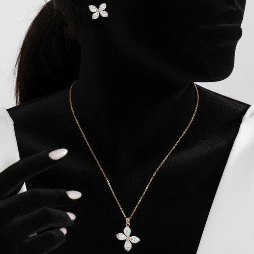 ست گردنبند و گوشواره طرح گل زنانه نگین کاری شده رنگ ثابت کد zmp (پس کرایه)