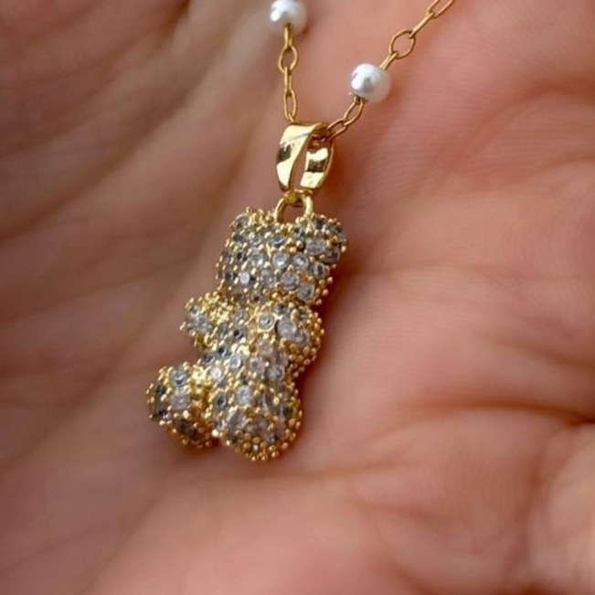 گردنبند و آویز جواهری طرح خرسی همراه زنجیر مرواریدی رنگ ثابت کد gy (پس کرایه)