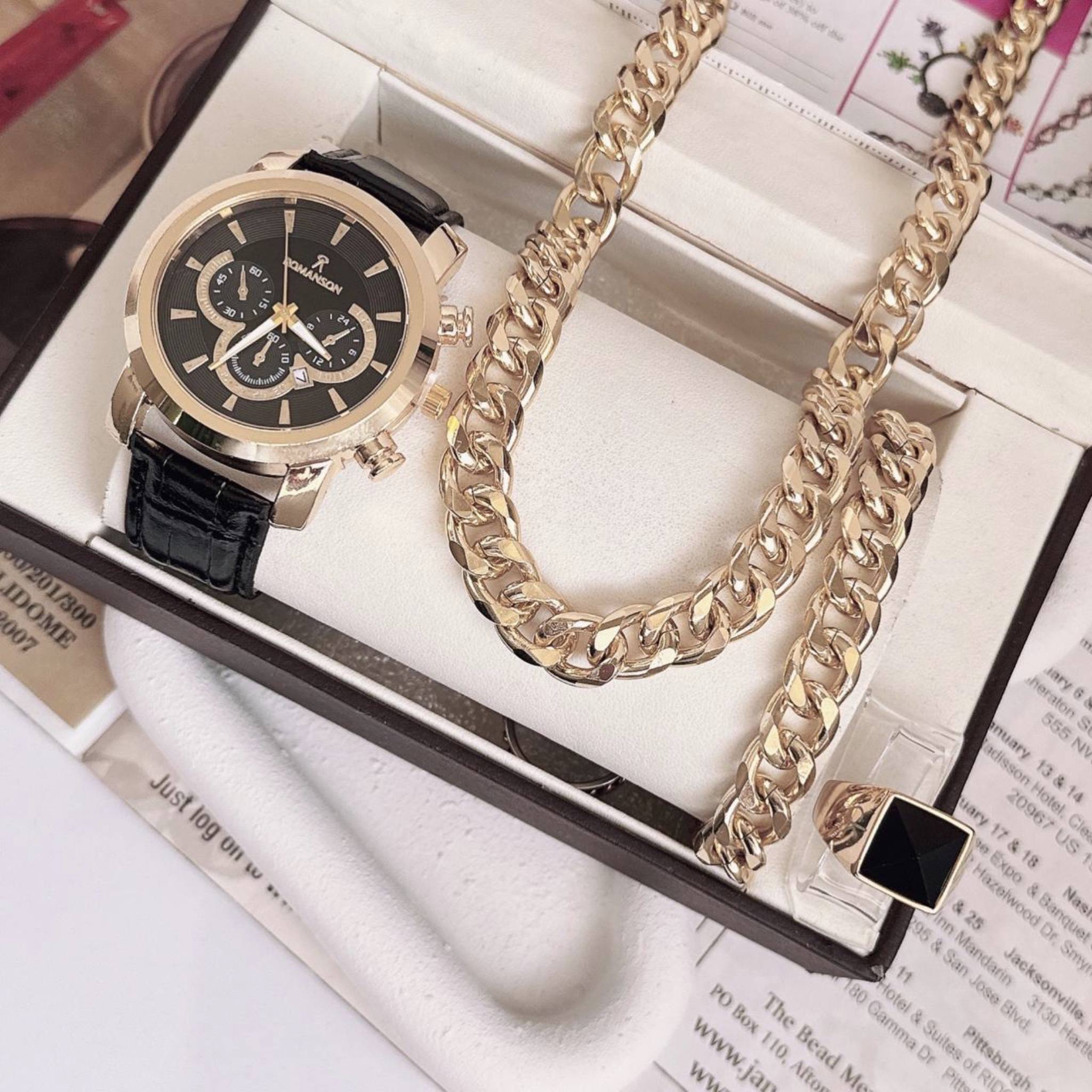 ست مردانه لوکس ساعت بند چرم رومانسون و دستبند و گردنبند و حلقه طلایی ارسال رایگان