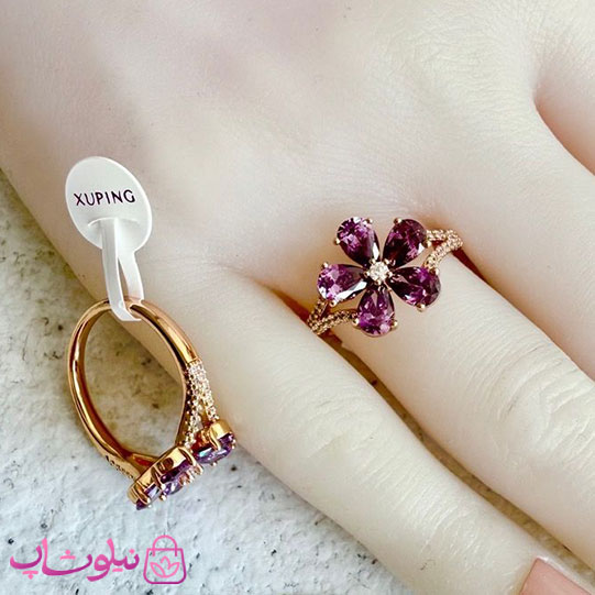 انگشتر زنانه ژوپینگ طلایی مدل گل بنفش کد 3991