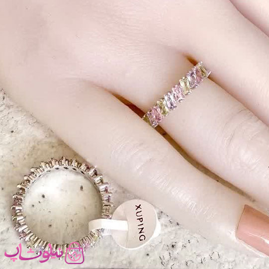 انگشتر زنانه ژوپینگ مدل تنیسی نقره ای با نگینهای سفید صورتی کد 5491