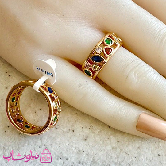 انگشتر زنانه ژوپینگ مدل نگینهای رنگی طلایی رنگ کد 3991