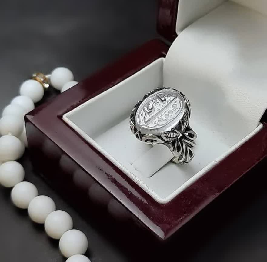 انگشتر آلیاژی در نجف مردانه با حکاکی یا علی | رکاب طرح برگ خاص و چشمنواز کد 3941