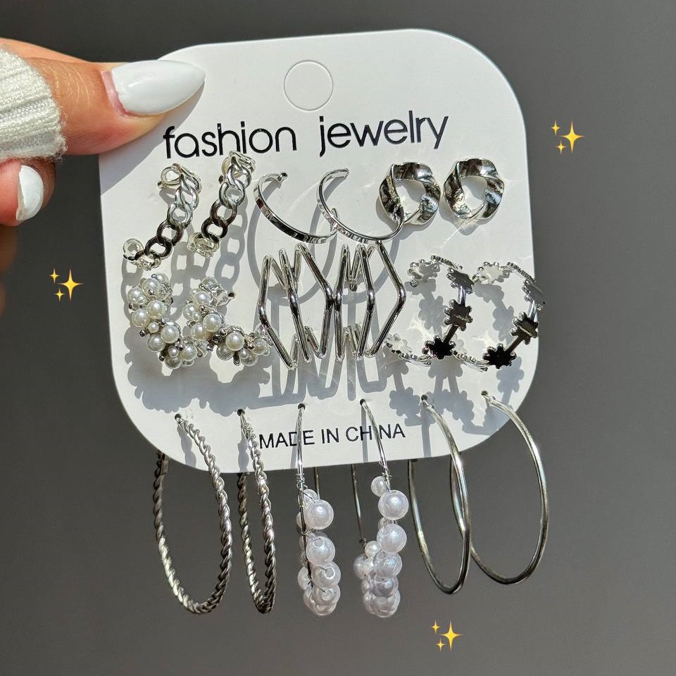 پک گوشواره جدید و خوشگل نقره ای 9 تایی